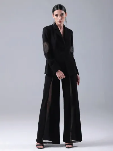 Black sheer-panel suit, back