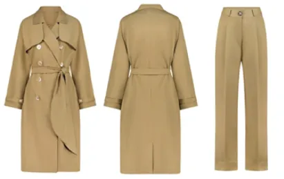 Camel trench coat and trousers