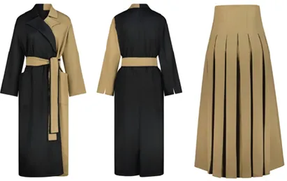 Colour-block coat and pleated skirt