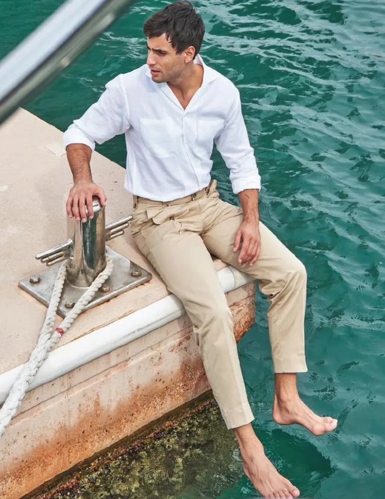 Blue linen shirt, standing