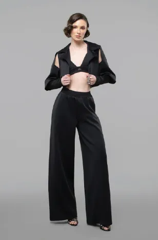 Cropped satin jacket and wide trousers